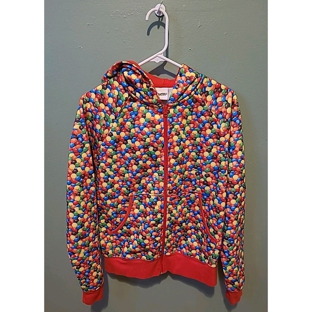 Rare‎ M&Ms Hooded Full Zip Sweater Allover Candy Print Size Small